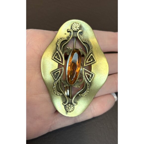 Antique ART NOUVEAU DECO Yellow Czech Glass Brass Sash Pin BROOCH Vintage - Picture 2 of 7